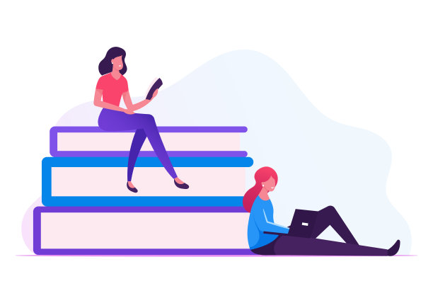 坐在书堆上用小工具阅读的年轻女性一起学习。课程远程学习，在线图书馆教育。课本,考试准备。卡通平面矢量插图图片下载