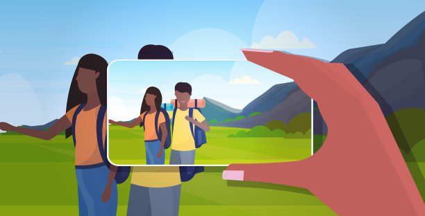 博客使用智能手机相机拍摄非洲裔美国旅行者夫妇在手机博客拍摄vlog概念景观背景肖像水平图片下载