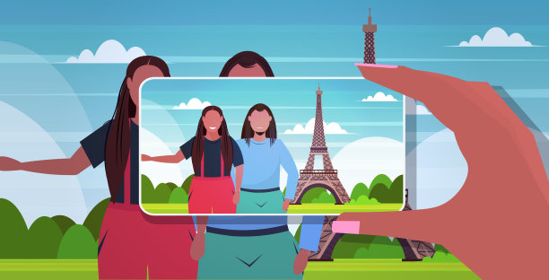 博客使用智能手机相机拍摄非洲裔美国旅行者夫妇在手机博客拍摄vlog概念巴黎抽象城市剪影背景肖像水平图片下载