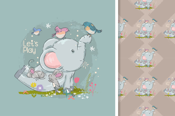 可爱的大象和小鸟卡通和无缝图案图片下载