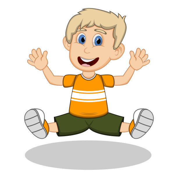 一个男孩穿着黄色的衬衫和黑色的裤子为欢乐跳跃卡通形象插图图片下载