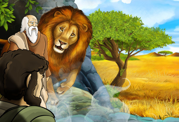 希腊或罗马战士或哲学家与尼米亚狮子搏斗的卡通场景图片下载