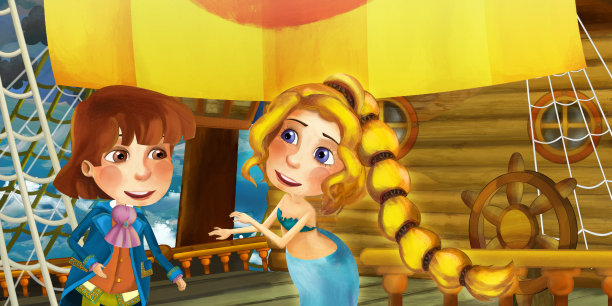 卡通场景在船上与王子船长在甲板上等人图片下载