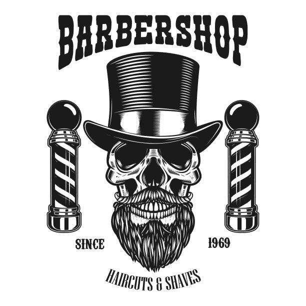 理发店徽章模板。留着胡子的骷髅头戴着老式的帽子和理发杆。海报、卡片、会徽、横幅的设计元素。矢量图图片下载