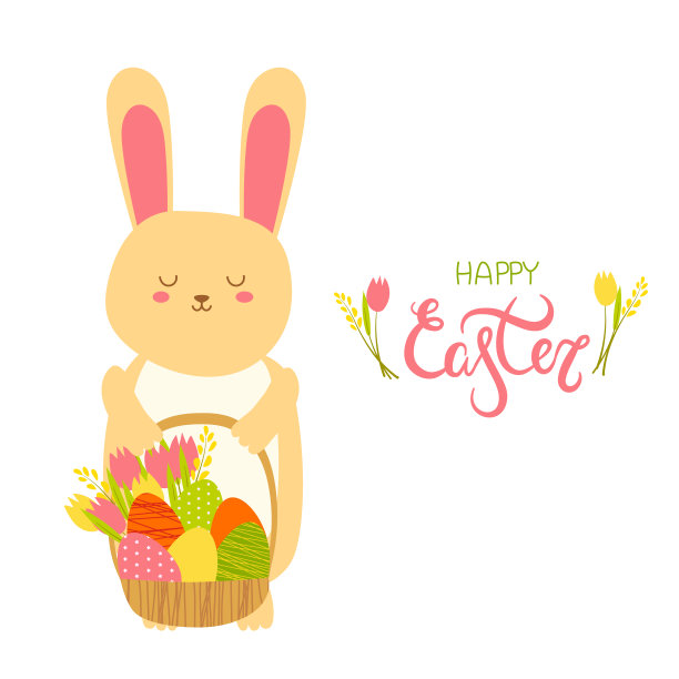 插图的复活节棕色兔子与一个篮子与复活节橙黄绿粉蛋图片下载