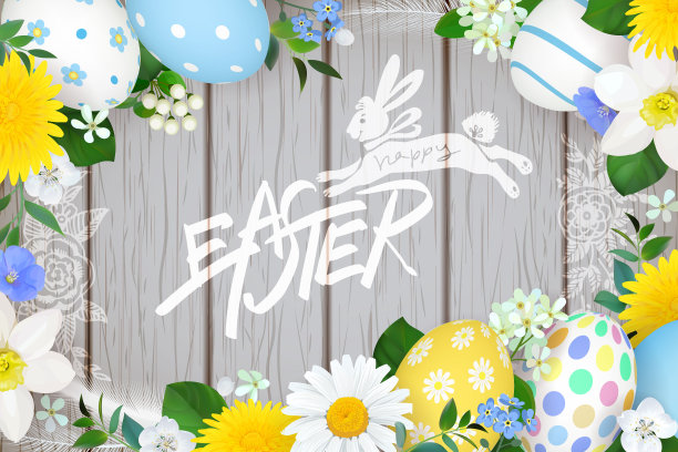 春节复活节海报设计与鲜花，彩蛋和兔子涂鸦。矢量图图片下载