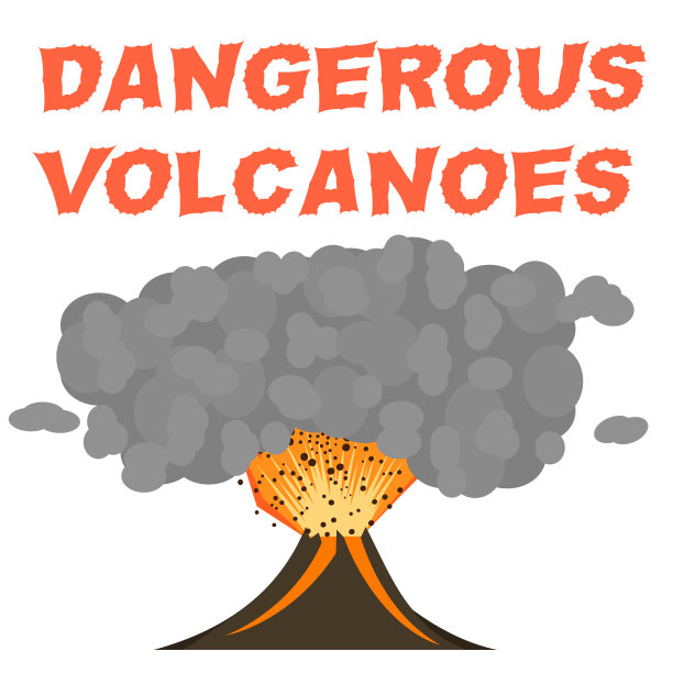 火山以平面形式喷发。题词“危险火山”的手绘风格。孤立在白色背景上。火山口喷出的火山灰和岩浆。图片下载