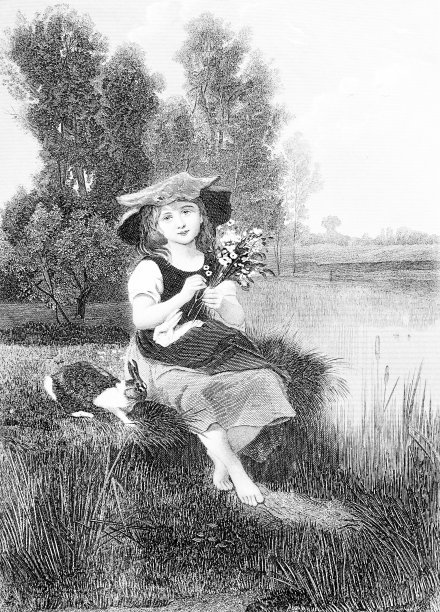 黑色和白色的怀旧插图，一个年轻的女孩在河边与鲜花和驯服的兔子，1884年图片下载