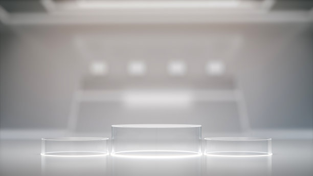 玻璃底座展示，空白产品架与模糊的实验室内部，未来的背景。3 d渲染。图片下载