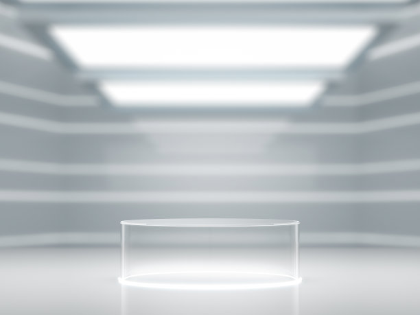 玻璃底座展示，空白产品架与模糊的实验室内部，未来的背景。3 d渲染。图片下载