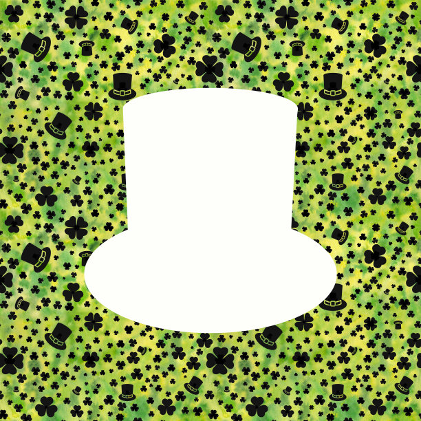 白色剪影帽子黄绿色水彩背景与黑色帽子和三叶草叶子。图片下载