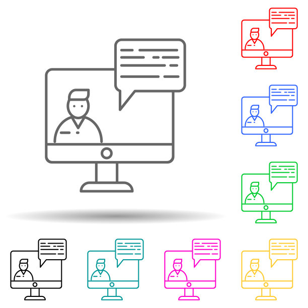 视频课在监视器多颜色风格图标。简单的细线，轮廓向量的面试图标的用户界面和用户体验，网站或移动应用程序图片下载