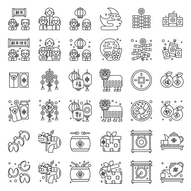 农历新年相关图标设置，线条风格图片下载