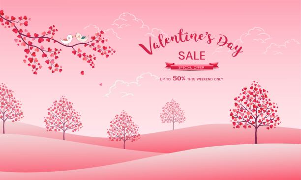 甜蜜的桃色风景伴着爱情的花园，快乐的情人节伴着树叶的心形图片下载