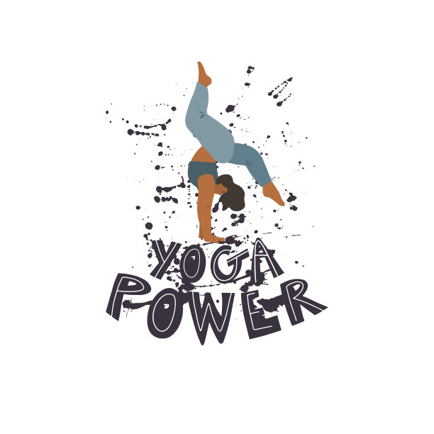 女人在瑜伽姿势和写意画字母:瑜伽电源油漆飞溅的背景图片下载