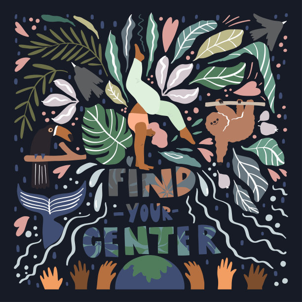 人、自然和动物组成。激励名言:找到你的中心图片下载