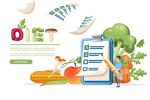 剪贴板与核对表和人持有铅笔饮食概念与蔬菜平面矢量插图在白色的背景图片下载