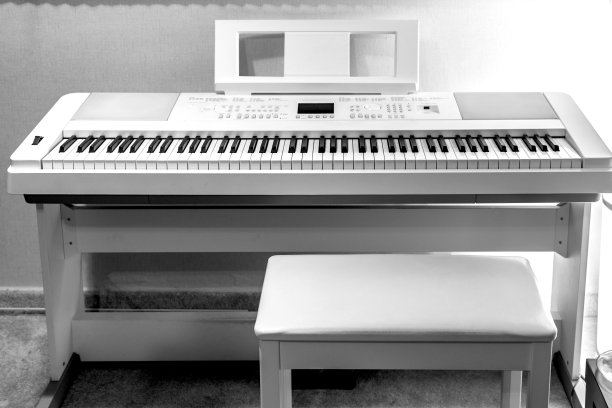 墙边的白色电子钢琴和琴凳单色照片图片下载