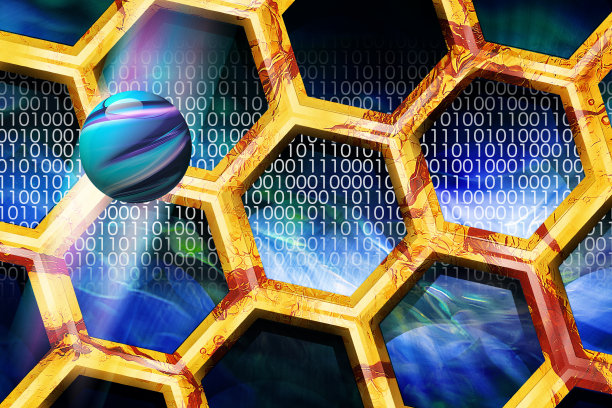 纳米技术操纵原子和基因。原子包含在蜂窝状的容器中。素材图片