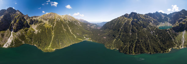 全景，鸟瞰图下的黑湖莱西山。它俯瞰着附近的莫斯基奥科湖，塔特拉山脉中的海之眼。波兰国家图片下载