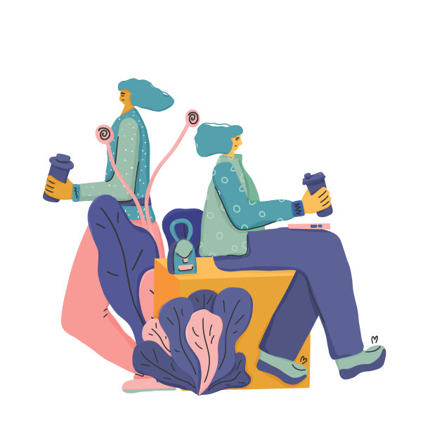 咖啡休息。女孩与热饮。矢量设计。图片下载