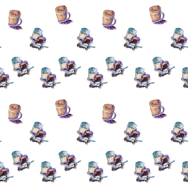 无缝图案咖啡甜点布朗尼蛋糕-手绘水彩插图图片下载
