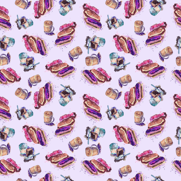 无缝图案咖啡甜点布朗尼蛋糕-手绘水彩插图图片下载