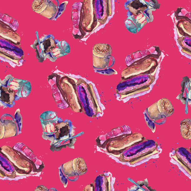 无缝图案咖啡甜点布朗尼蛋糕-手绘水彩插图图片下载