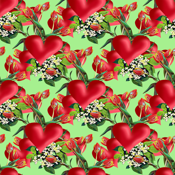 无缝心形图案，有郁金香和接骨木图片下载