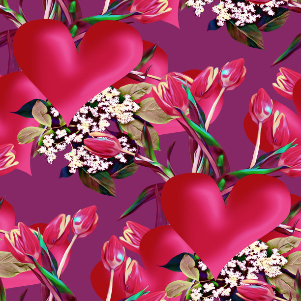 无缝心形图案，有郁金香和接骨木图片下载