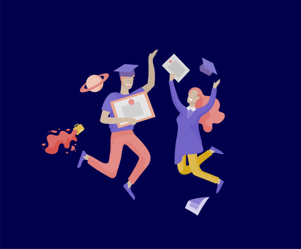 一群笑容可掬的毕业生，身着毕业礼服，手拿毕业证书，欢蹦乱跳。矢量插画概念毕业典礼卡通图片下载