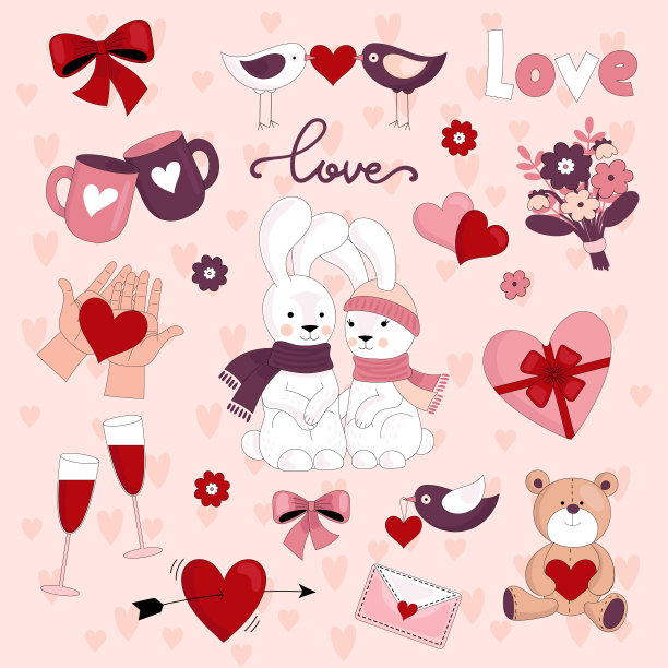 一套可爱的情人节礼物。节日装饰。矢量图图片下载