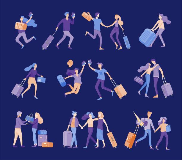 不同的人去旅游度假。带着行李与家人、朋友或独自旅行的游客，踏上旅途。旅客在各种活动中携带行李和设备。向量图片下载