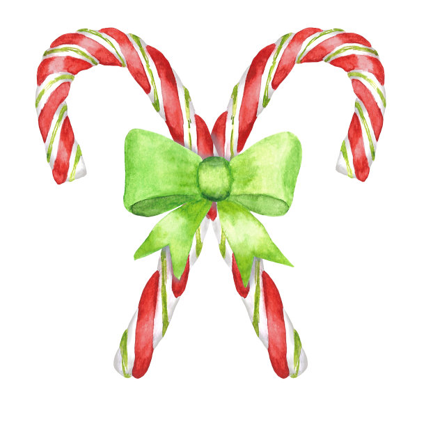 两个红绿色圣诞水彩糖果拐杖绿色蝴蝶结。图片下载