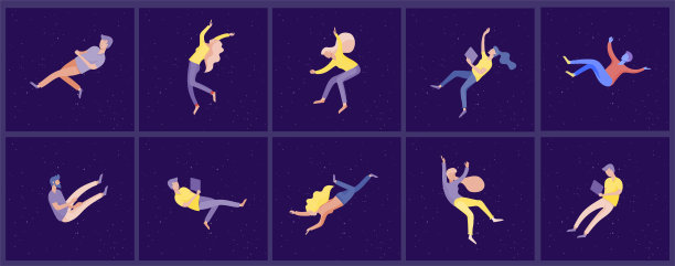 激发人们在太空中飞行，与电子产品和纸张互动。人物在梦境、想象和灵感中移动和漂浮。平面设计风格图片下载