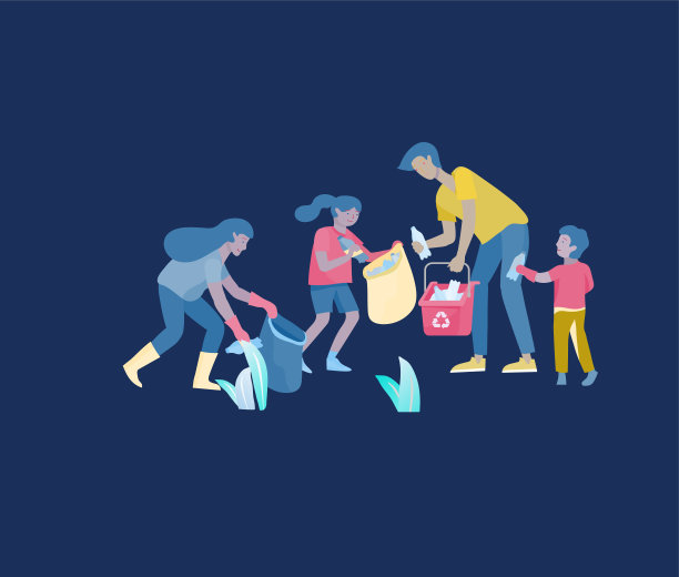 收集家庭爱好和活动。母亲、父亲和孩子们收集垃圾供回收利用。卡通向量图片下载