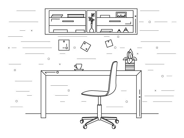 线性办公风格。有电脑的工作场所。向量素材图片
