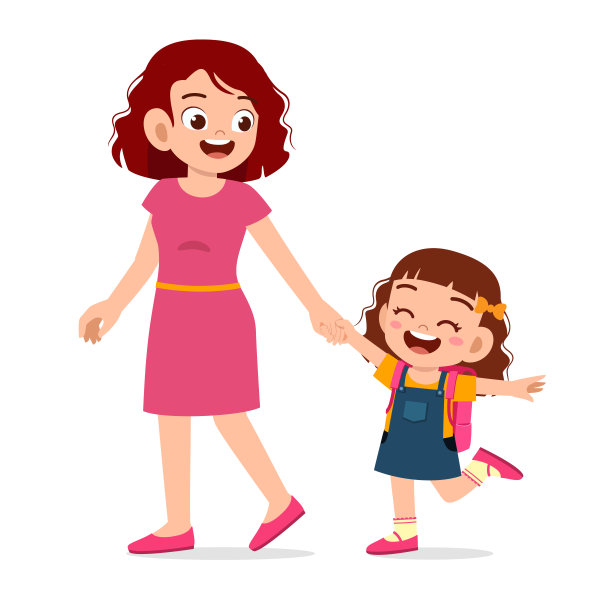 快乐可爱的小女孩第一天和妈妈上学图片下载