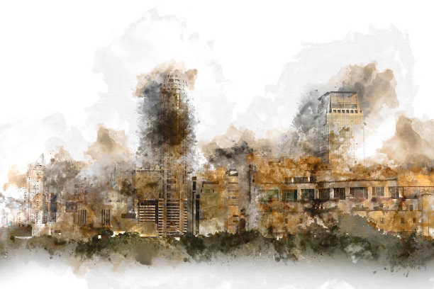 以城市办公楼为抽象色彩的水彩画背景。城市上的数字插画刷艺术。图片下载