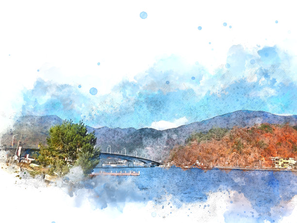 抽象色彩丰富的山川风景以日本水彩插画为背景。图片下载