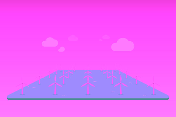 风力涡轮机农场等角透视插图。图片下载