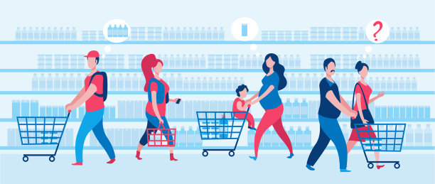 一群人推着购物车在超市购物。图片下载