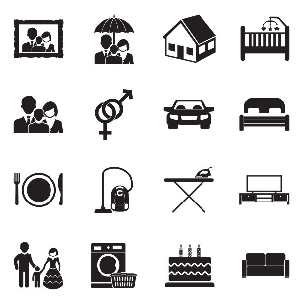 家庭生活图标。黑色的平面设计。矢量插图。图片下载