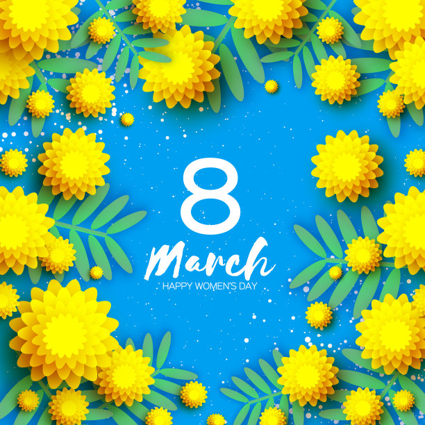 黄色的含羞草。美丽的折纸银柳枝。原来的花花束。妇女节快乐，母亲节快乐，生日快乐。春天。剪纸的风格。蓝色背景。图片下载