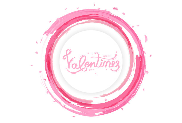情人节用粉红色花瓣的樱花散圆形框架设计，流畅的书法贺卡，水彩水墨喷溅抽象背景矢量插图图片下载