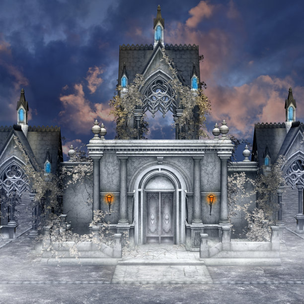 壮观的天空下的古老哥特式建筑图片下载