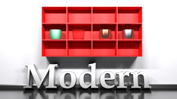 红色挂架与现代花瓶和书写现代在地板上- 3D渲染插图图片下载