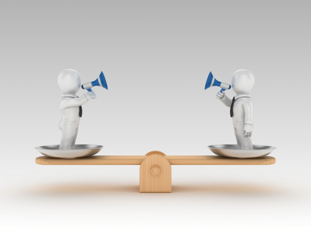 跷跷板规模和商业字符与扩音器- 3D渲染图片下载