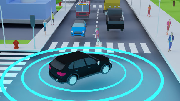 未来汽车在城市中自动驾驶的概念图片下载