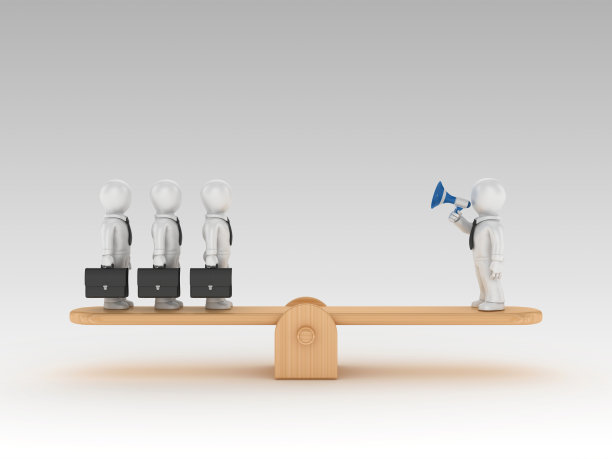 跷跷板规模与业务字符和扩音器- 3D渲染图片下载